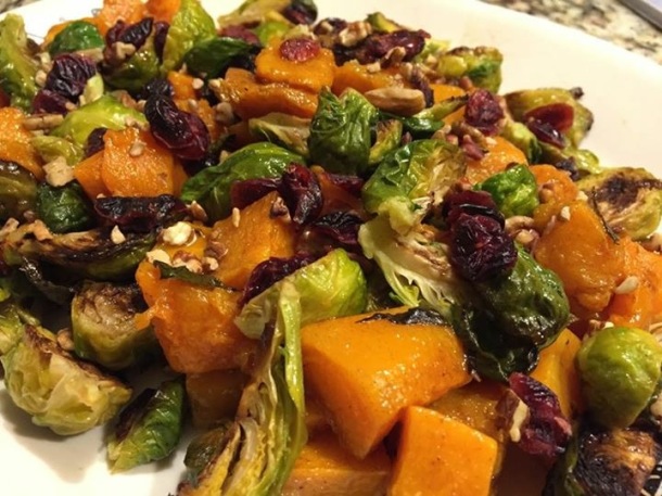 Roasted Brussels Sprouts and Butternut Squash, wok-tossed with Maple Syrup, Pecans, Cinnamon, and Dried Cranberries